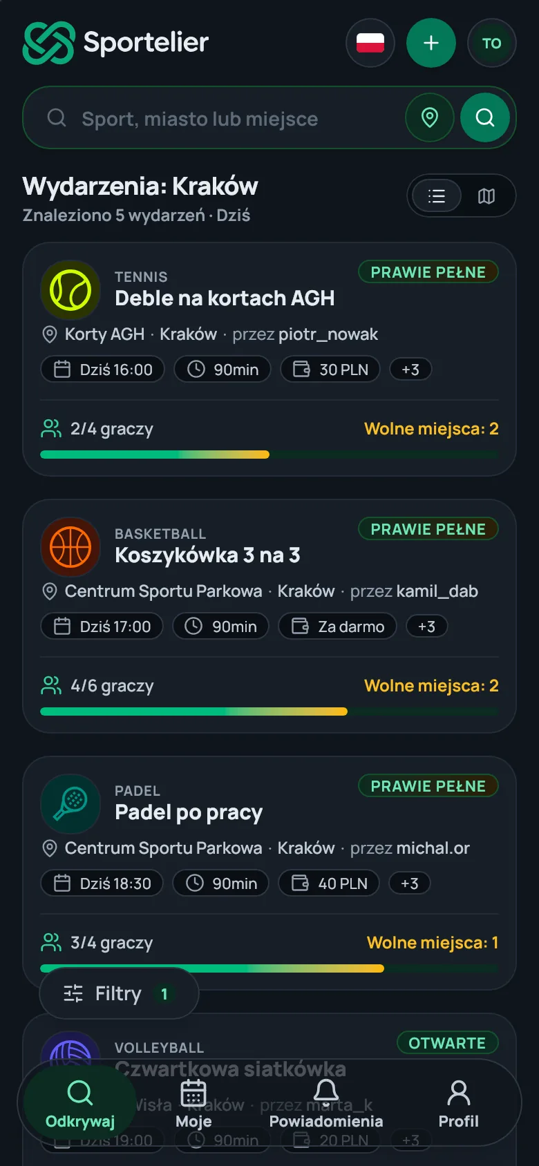 Ekran Odkrywaj: pięć wydarzeń w Krakowie na dziś, między innymi tenis, koszykówka i padel, z wolnymi miejscami.