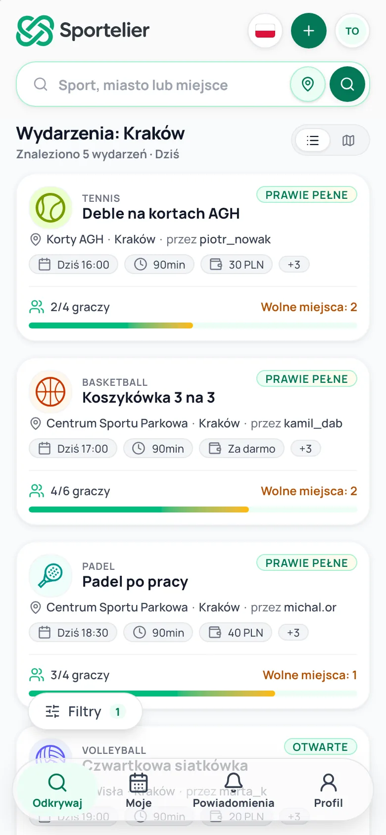 Ekran Odkrywaj: pięć wydarzeń w Krakowie na dziś, między innymi tenis, koszykówka i padel, z wolnymi miejscami.