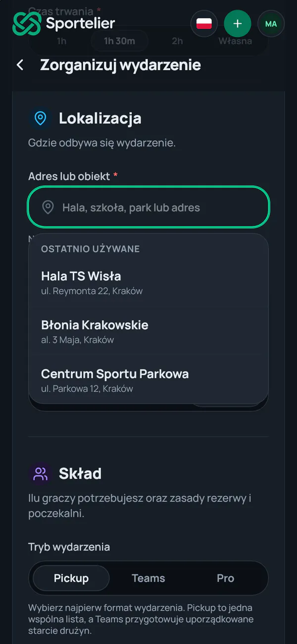 Formularz nowego wydarzenia z listą Ostatnio używane: Hala TS Wisła, Błonia Krakowskie, Centrum Sportu Parkowa.