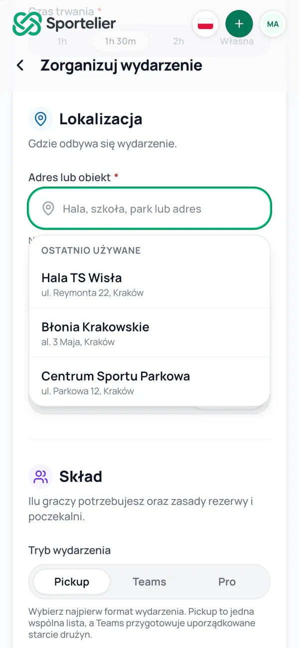 Formularz nowego wydarzenia z listą Ostatnio używane: Hala TS Wisła, Błonia Krakowskie, Centrum Sportu Parkowa.