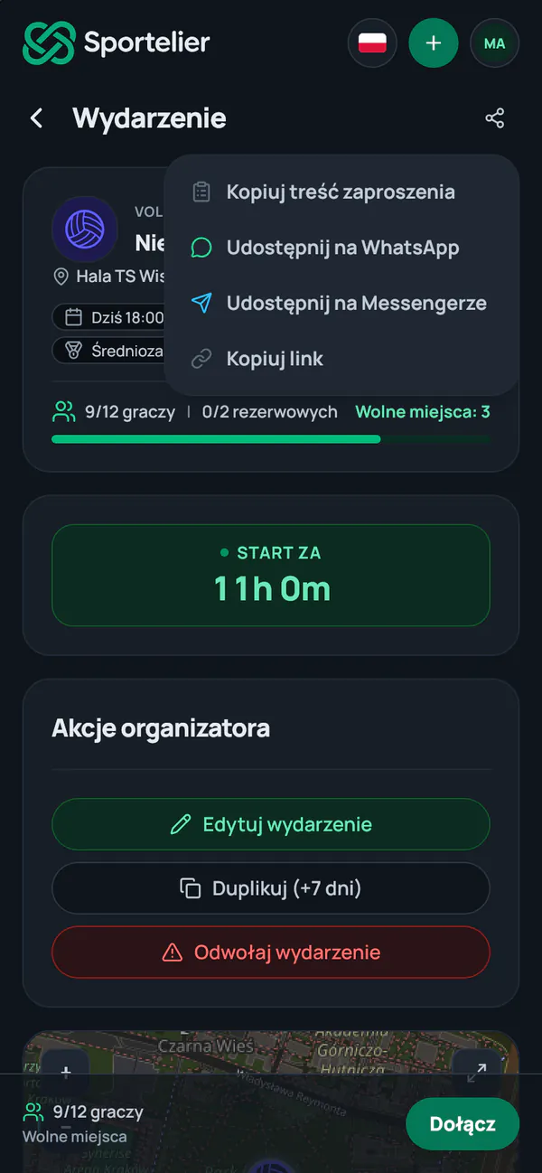 Menu udostępniania wydarzenia: treść zaproszenia, WhatsApp, Messenger i kopiowanie linku.