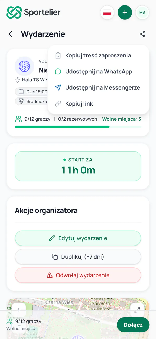 Menu udostępniania wydarzenia: treść zaproszenia, WhatsApp, Messenger i kopiowanie linku.