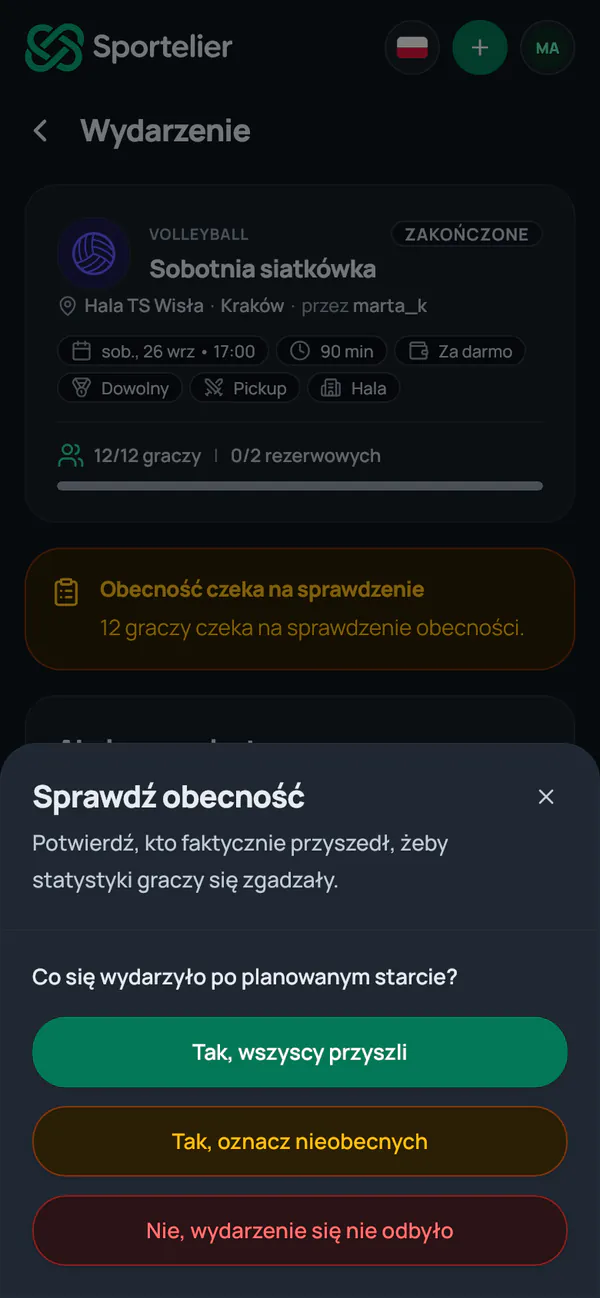 Okno Sprawdź obecność z trzema odpowiedziami: wszyscy przyszli, oznacz nieobecnych, wydarzenie się nie odbyło.