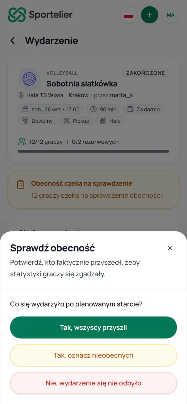 Okno Sprawdź obecność z trzema odpowiedziami: wszyscy przyszli, oznacz nieobecnych, wydarzenie się nie odbyło.