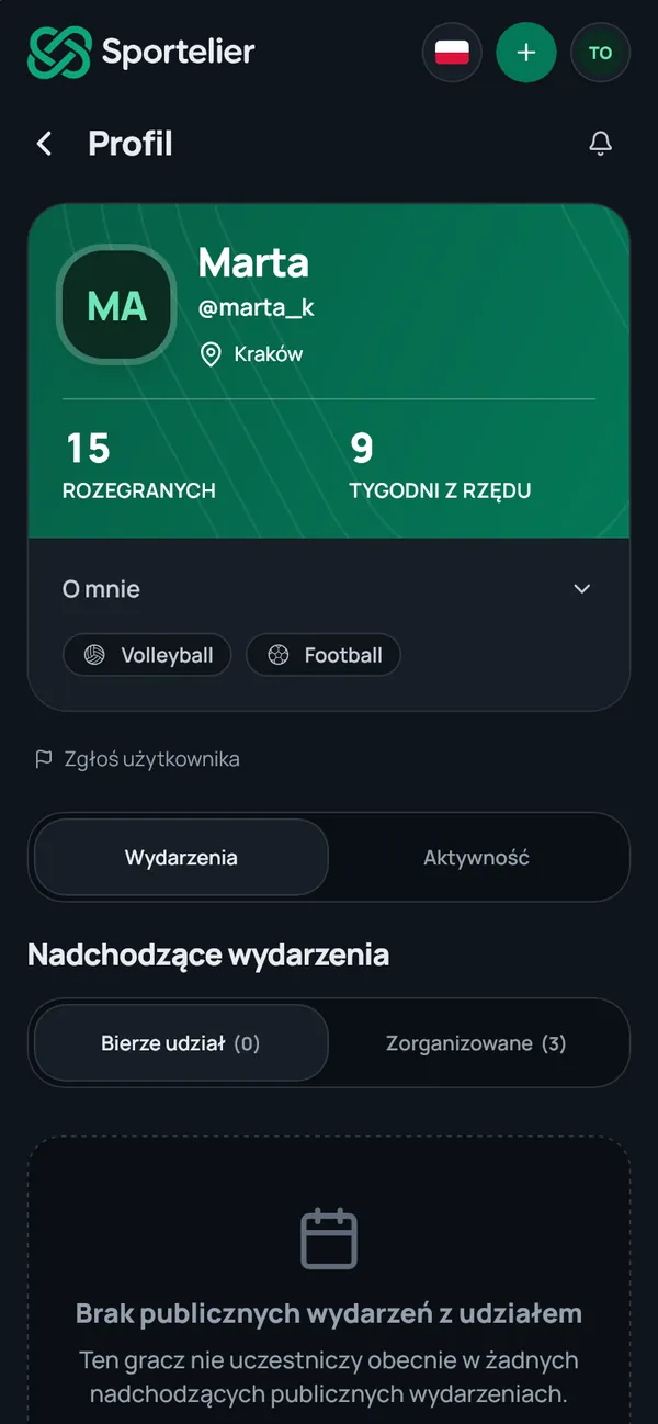 Profil organizatorki Marty: 15 rozegranych wydarzeń, 9 tygodni z rzędu i dzwonek powiadomień w rogu.