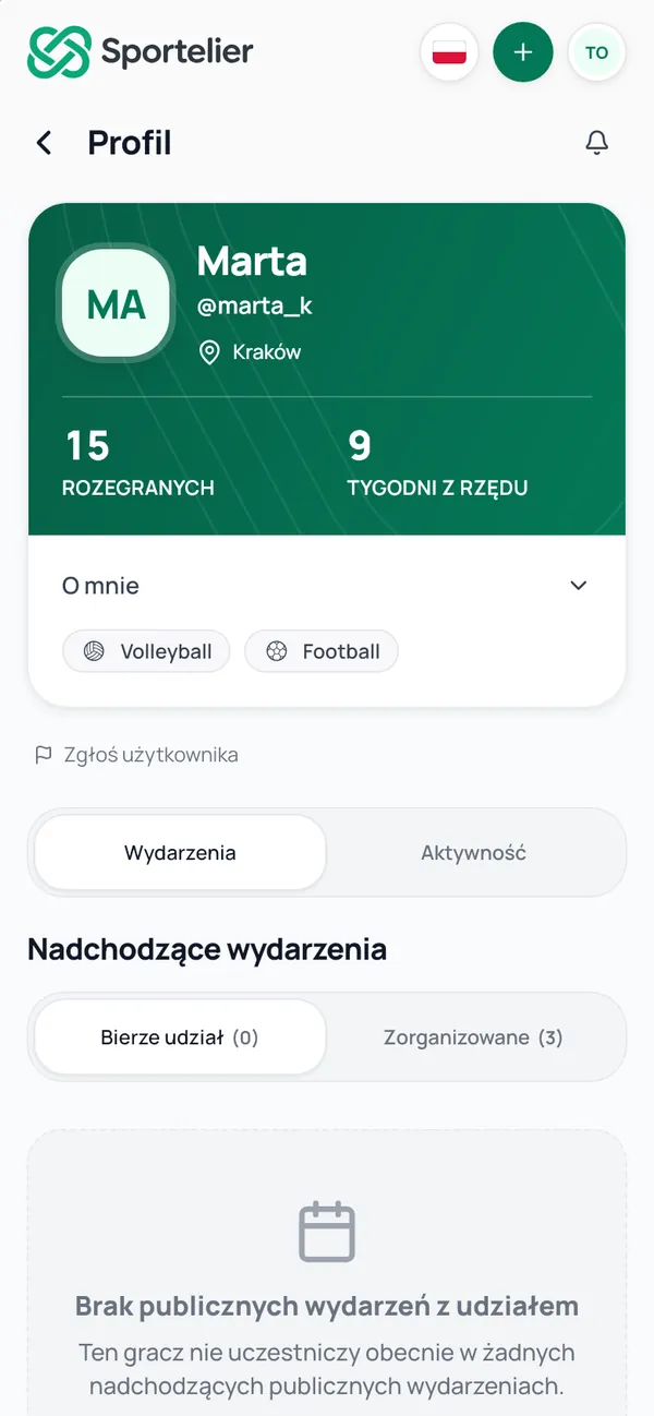 Profil organizatorki Marty: 15 rozegranych wydarzeń, 9 tygodni z rzędu i dzwonek powiadomień w rogu.