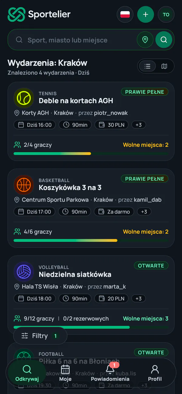 Ekran Odkrywaj: cztery wydarzenia w Krakowie na dziś, każde z liczbą graczy i wolnymi miejscami.