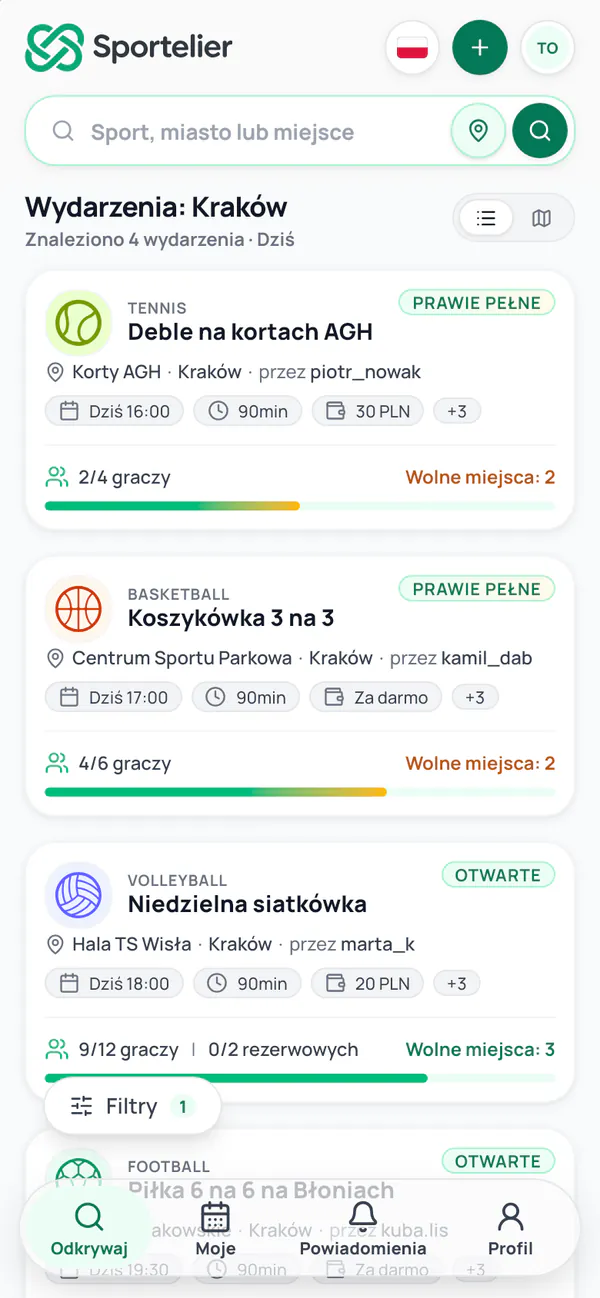 Ekran Odkrywaj: cztery wydarzenia w Krakowie na dziś, każde z liczbą graczy i wolnymi miejscami.