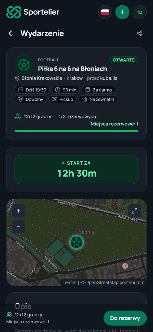 Wydarzenie z pełnym składem, 12 z 12 graczy, i przyciskiem Do rezerwy.