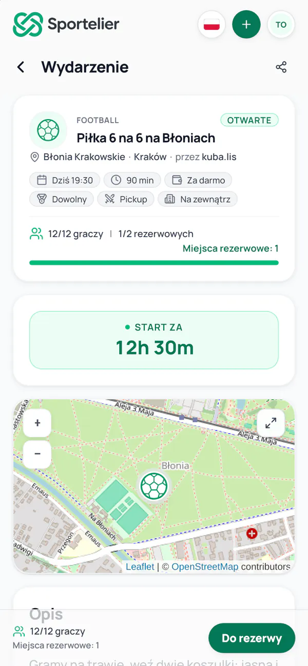 Wydarzenie z pełnym składem, 12 z 12 graczy, i przyciskiem Do rezerwy.