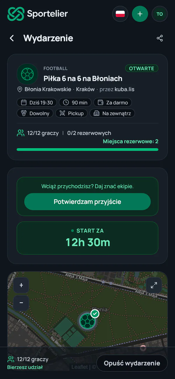 Wydarzenie z pytaniem „Wciąż przychodzisz?” i przyciskiem Potwierdzam przyjście.