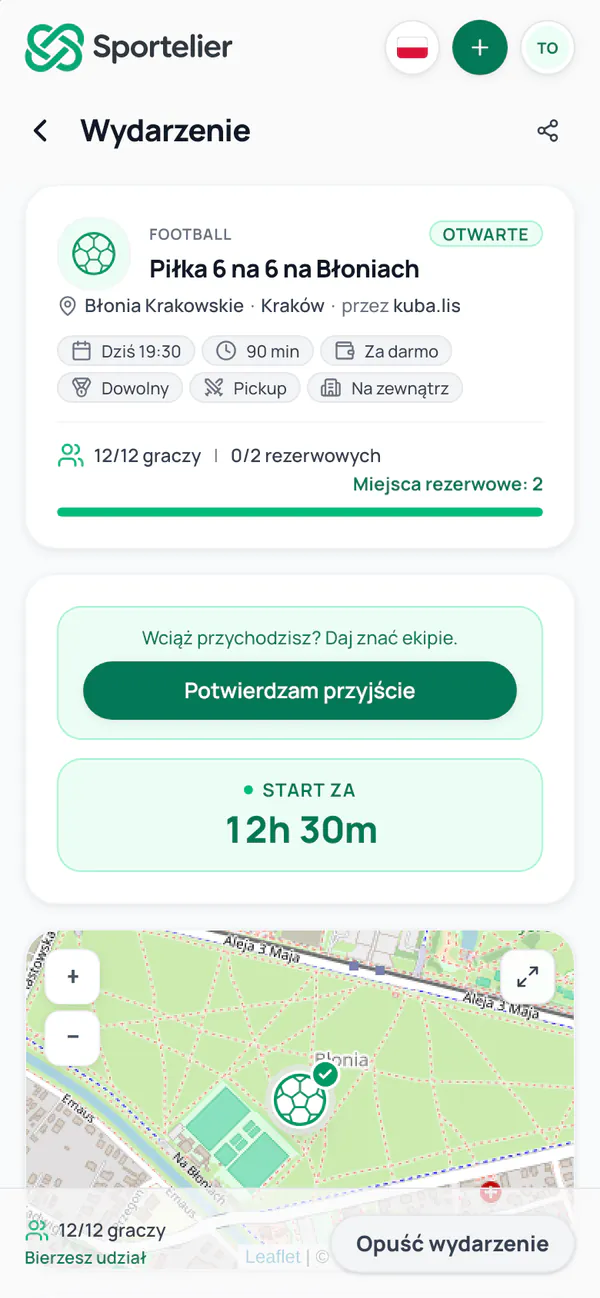 Wydarzenie z pytaniem „Wciąż przychodzisz?” i przyciskiem Potwierdzam przyjście.