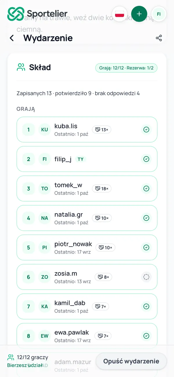 Skład wydarzenia: grają 12 z 12, w rezerwie 1 z 2, zapisanych 13, potwierdziło 9, brak odpowiedzi 4.